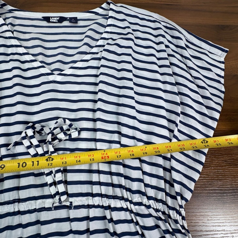 Lands' End Navy and White Striped V-Neck Drawstring Swim Coverup - Picture 6 of 8